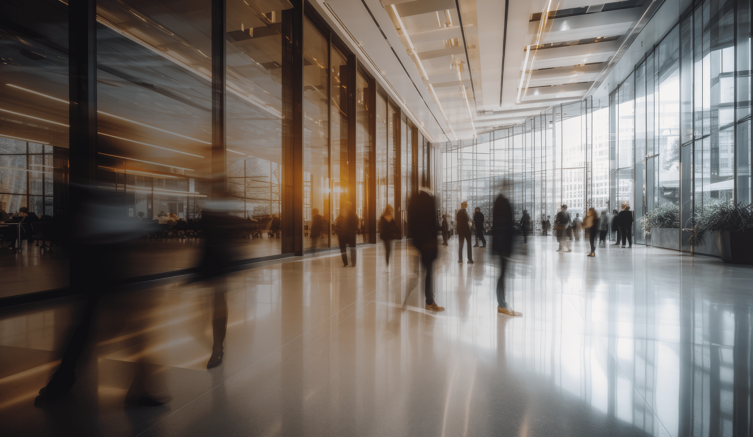 Executivos caminhando em prédio comercial moderno